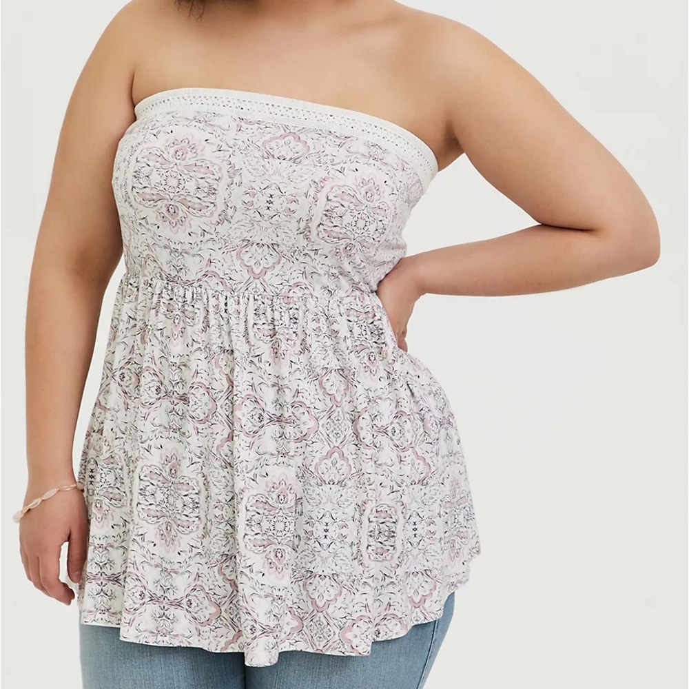 Ivory tile crochet strapless babydoll top